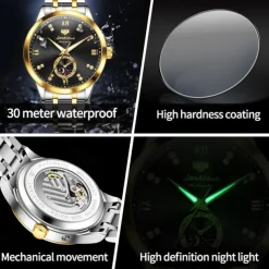 Men Mechanical Watch Creative Fashion Business Wristwatch Automatic Self-winding Moon phase Luminous Waterproof Steel Watch