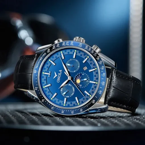 Men Mechanical Watch Fashion Business Wristwatch Automatic Self-winding Tourbillon Moon phase Luminous Leather Watch