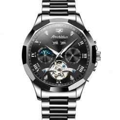 Men Mechanical Watch Fashion Casual Wristwatch Automatic Self-winding Moon phase Luminous Calendar Steel Watch