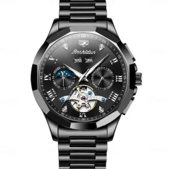 Men Mechanical Watch Fashion Casual Wristwatch Automatic Self-winding Moon phase Luminous Calendar Steel Watch