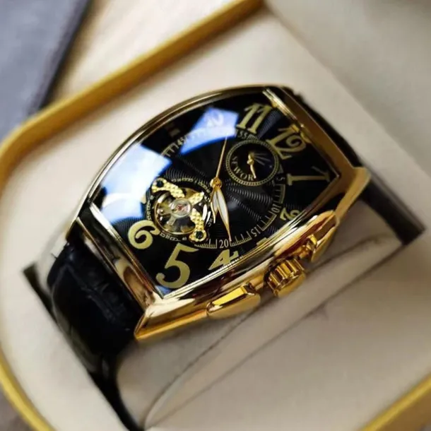 Men Mechanical Watch Luxury Large Dial Fashion Business Hollow Skeleton Automatic Self-winding Waterproof Leather Watch