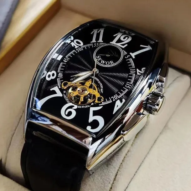 Men Mechanical Watch Luxury Large Dial Fashion Business Hollow Skeleton Automatic Self-winding Waterproof Leather Watch