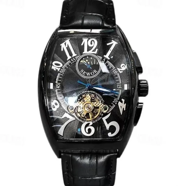 Men Mechanical Watch Luxury Large Dial Fashion Business Hollow Skeleton Automatic Self-winding Waterproof Leather Watch