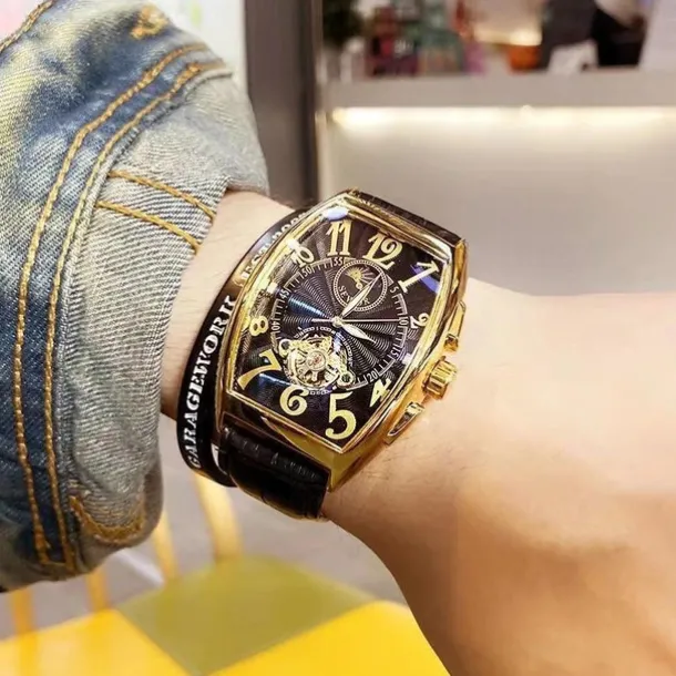 Men Mechanical Watch Luxury Large Dial Fashion Business Hollow Skeleton Automatic Self-winding Waterproof Leather Watch