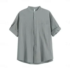 Men's 100% Cotton Collarless Shirt Black White Light Grey Army Green Beige Short Sleeve Tab Solid Color Standing Collar School Formal Buttons Clothing Apparel Elegant Vacation Vintage Tropical