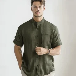 Men's 100% Cotton Collarless Shirt Black White Light Grey Army Green Beige Short Sleeve Tab Solid Color Standing Collar School Formal Buttons Clothing Apparel Elegant Vacation Vintage Tropical