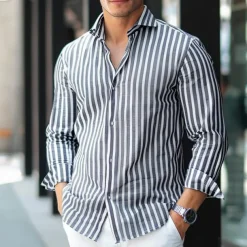 Men's 100% Cotton Dress Shirt Black Long Sleeve Striped Turndown Formal Office / Career Button Clothing Apparel Daily Business