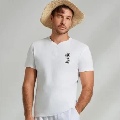 Men's 100% Cotton Graphic Shirt Coconut Tree White Blue Gray T shirt Tee Henley Shirt Fashion Classic Shirt Short Sleeve Comfortable Tee Street Vacation Summer Fashion Designer Clothing