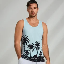 Men's 100% Cotton Graphic Tank Top Casual Vest Top Coconut Tree Fashion Hawaiian Undershirt Street Daily Beach T shirt White Blue Short Sleeve Crew Neck Shirt Spring & Summer Clothing Apparel