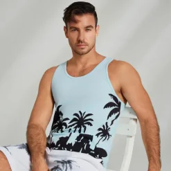 Men's 100% Cotton Graphic Tank Top Casual Vest Top Coconut Tree Fashion Hawaiian Undershirt Street Daily Beach T shirt White Blue Short Sleeve Crew Neck Shirt Spring & Summer Clothing Apparel