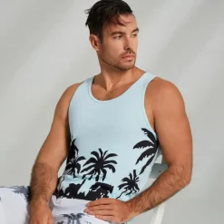 Men's 100% Cotton Graphic Tank Top Casual Vest Top Coconut Tree Fashion Hawaiian Undershirt Street Daily Beach T shirt White Blue Short Sleeve Crew Neck Shirt Spring & Summer Clothing Apparel