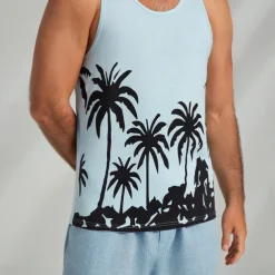 Men's 100% Cotton Graphic Tank Top Casual Vest Top Coconut Tree Fashion Hawaiian Undershirt Street Daily Beach T shirt White Blue Short Sleeve Crew Neck Shirt Spring & Summer Clothing Apparel