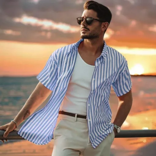 Men's 100% Cotton Shirt Blue Short Sleeve Striped Turndown Shirt Collar Work Sports & Outdoor Button Clothing Apparel Vacation Daily Casual Daily