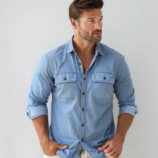 Men's 100% Cotton Shirt Button Up Shirt Casual Shirt Button Down Shirt Blue Long Sleeve Solid Color Turndown Shirt Collar Outdoor Work Pocket Clothing Apparel Neutral Daily Sports & Outdoors