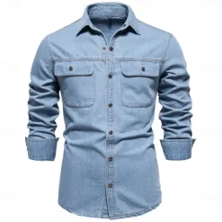 Men's 100% Cotton Shirt Button Up Shirt Casual Shirt Button Down Shirt Blue Long Sleeve Solid Color Turndown Shirt Collar Outdoor Work Pocket Clothing Apparel Neutral Daily Sports & Outdoors