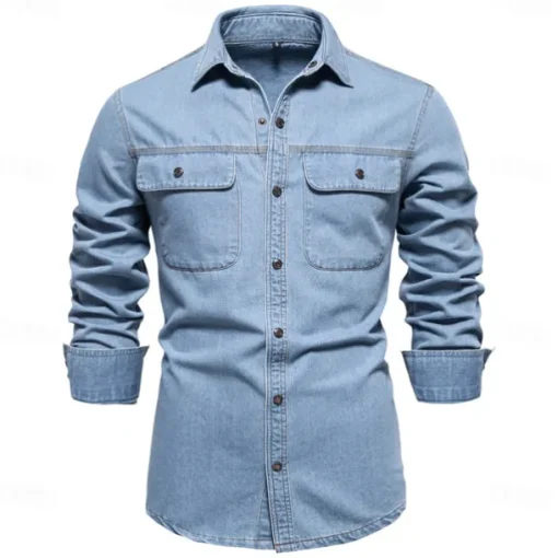Men's 100% Cotton Shirt Button Up Shirt Casual Shirt Button Down Shirt Blue Long Sleeve Solid Color Turndown Shirt Collar Outdoor Work Pocket Clothing Apparel Neutral Daily Sports & Outdoors