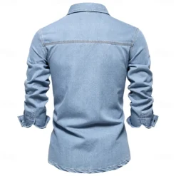 Men's 100% Cotton Shirt Button Up Shirt Casual Shirt Button Down Shirt Blue Long Sleeve Solid Color Turndown Shirt Collar Outdoor Work Pocket Clothing Apparel Neutral Daily Sports & Outdoors