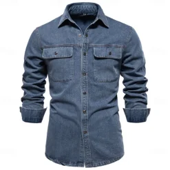 Men's 100% Cotton Shirt Button Up Shirt Casual Shirt Button Down Shirt Blue Long Sleeve Solid Color Turndown Shirt Collar Outdoor Work Pocket Clothing Apparel Neutral Daily Sports & Outdoors