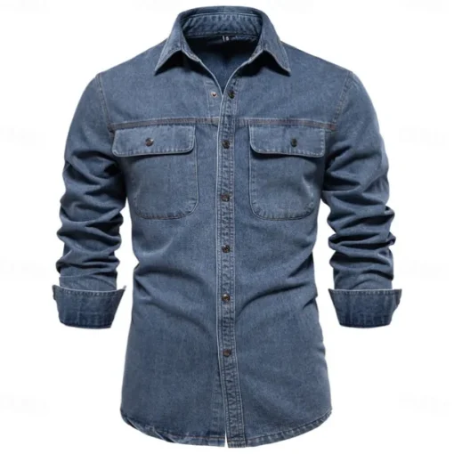 Men's 100% Cotton Shirt Button Up Shirt Casual Shirt Button Down Shirt Blue Long Sleeve Solid Color Turndown Shirt Collar Outdoor Work Pocket Clothing Apparel Neutral Daily Sports & Outdoors