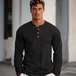 Men's 100% Cotton T-Shirt Solid Color Crew Neck Normal Outdoor Gift Long Sleeve Button Crewneck Clothing Apparel Daily Sports & Outdoors