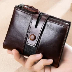 Men's 100% Cowhide Leather Zipper Wallet RFID Blocking ID Card Holder Coin Purse