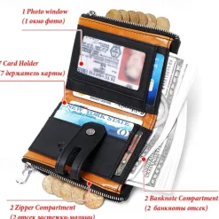 Men's 100% Cowhide Leather Zipper Wallet RFID Blocking ID Card Holder Coin Purse