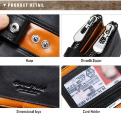 Men's 100% Cowhide Leather Zipper Wallet RFID Blocking ID Card Holder Coin Purse