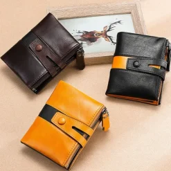 Men's 100% Cowhide Leather Zipper Wallet RFID Blocking ID Card Holder Coin Purse