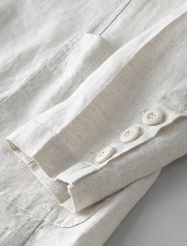 Men's 100% Linen Blazer Blazer Business Cocktail Party Wedding Party Fashion Casual Spring Autumn / Fall 100% Linen Solid Color Pocket Buttons Comfortable Single Breasted Blazer Black White Navy Blue