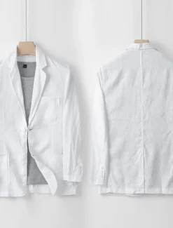 Men's 100% Linen Blazer Blazer Business Cocktail Party Wedding Party Fashion Casual Spring Autumn / Fall 100% Linen Solid Color Pocket Buttons Comfortable Single Breasted Blazer Black White Navy Blue