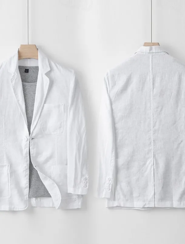 Men's 100% Linen Blazer Blazer Business Cocktail Party Wedding Party Fashion Casual Spring Autumn / Fall 100% Linen Solid Color Pocket Buttons Comfortable Single Breasted Blazer Black White Navy Blue