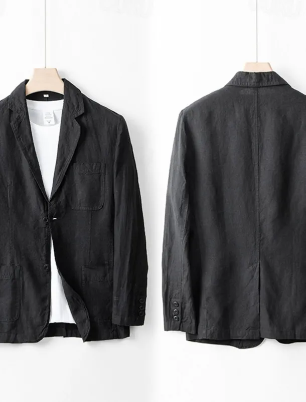 Men's 100% Linen Blazer Blazer Business Cocktail Party Wedding Party Fashion Casual Spring Autumn / Fall 100% Linen Solid Color Pocket Buttons Comfortable Single Breasted Blazer Black White Navy Blue