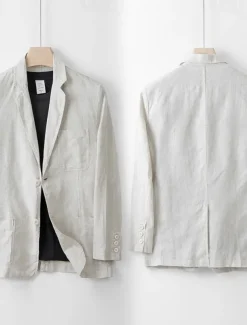 Men's 100% Linen Blazer Blazer Business Cocktail Party Wedding Party Fashion Casual Spring Autumn / Fall 100% Linen Solid Color Pocket Buttons Comfortable Single Breasted Blazer Black White Navy Blue