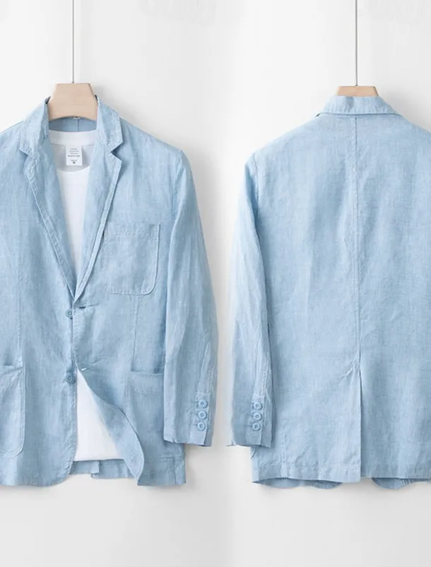 Men's 100% Linen Blazer Blazer Business Cocktail Party Wedding Party Fashion Casual Spring Autumn / Fall 100% Linen Solid Color Pocket Buttons Comfortable Single Breasted Blazer Black White Navy Blue