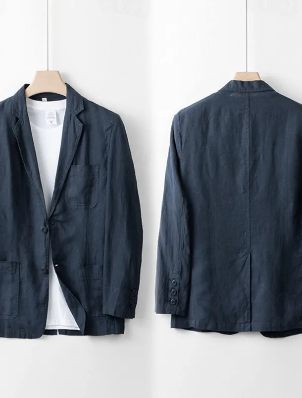 Men's 100% Linen Blazer Blazer Business Cocktail Party Wedding Party Fashion Casual Spring Autumn / Fall 100% Linen Solid Color Pocket Buttons Comfortable Single Breasted Blazer Black White Navy Blue
