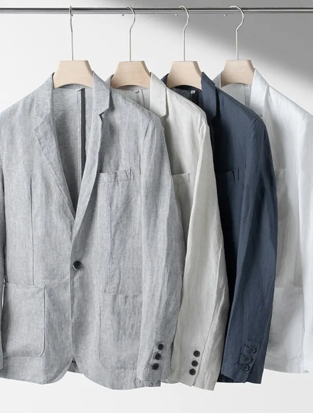 Men's 100% Linen Blazer Blazer Business Cocktail Party Wedding Party Fashion Casual Spring Autumn / Fall 100% Linen Plain Pocket Buttons Comfortable Single Breasted Blazer White Navy Blue khaki Gray