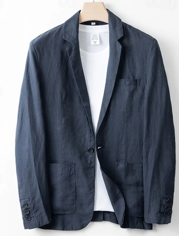 Men's 100% Linen Blazer Blazer Business Cocktail Party Wedding Party Fashion Casual Spring Autumn / Fall 100% Linen Plain Pocket Buttons Comfortable Single Breasted Blazer White Navy Blue khaki Gray