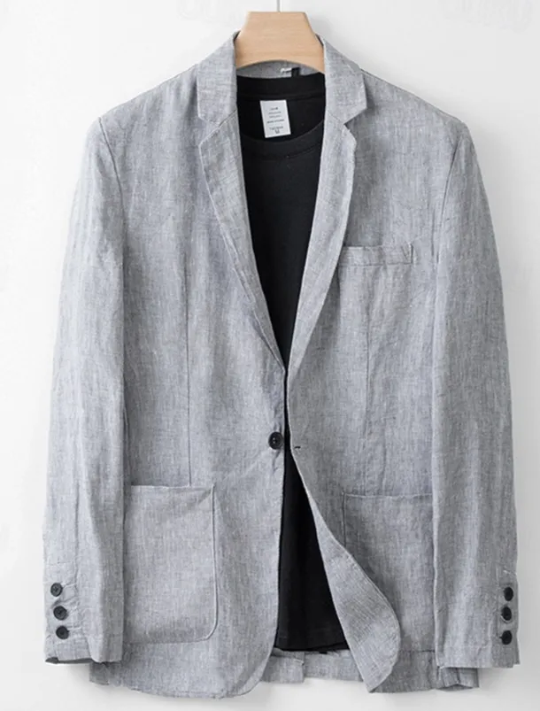 Men's 100% Linen Blazer Blazer Business Cocktail Party Wedding Party Fashion Casual Spring Autumn / Fall 100% Linen Plain Pocket Buttons Comfortable Single Breasted Blazer White Navy Blue khaki Gray