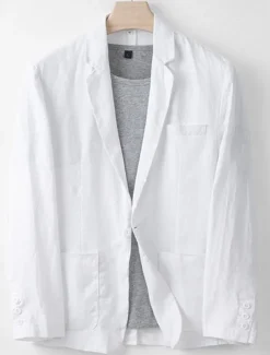 Men's 100% Linen Blazer Blazer Business Cocktail Party Wedding Party Fashion Casual Spring Autumn / Fall 100% Linen Plain Pocket Buttons Comfortable Single Breasted Blazer White Navy Blue khaki Gray