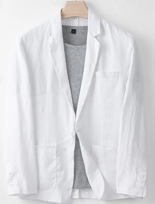 Men's 100% Linen Blazer Blazer Business Cocktail Party Wedding Party Fashion Casual Spring Autumn / Fall 100% Linen Plain Pocket Buttons Comfortable Single Breasted Blazer White Navy Blue khaki Gray