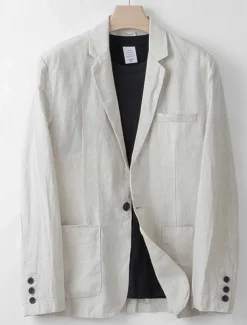 Men's 100% Linen Blazer Blazer Business Cocktail Party Wedding Party Fashion Casual Spring Autumn / Fall 100% Linen Plain Pocket Buttons Comfortable Single Breasted Blazer White Navy Blue khaki Gray