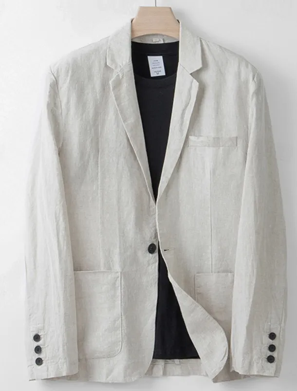 Men's 100% Linen Blazer Blazer Business Cocktail Party Wedding Party Fashion Casual Spring Autumn / Fall 100% Linen Plain Pocket Buttons Comfortable Single Breasted Blazer White Navy Blue khaki Gray