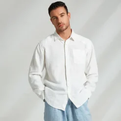 Men's 100% Linen Shirt White Long Sleeve Solid Color Turndown Summer Outdoor Office / Career Clothing Apparel Button