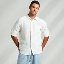 Men's 100% Linen Shirt White Long Sleeve Solid Color Turndown Summer Outdoor Office / Career Clothing Apparel Button