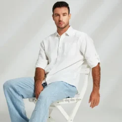 Men's 100% Linen Shirt White Long Sleeve Solid Color Turndown Summer Outdoor Office / Career Clothing Apparel Button