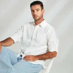 Men's 100% Linen Shirt White Long Sleeve Solid Color Turndown Summer Outdoor Office / Career Clothing Apparel Button