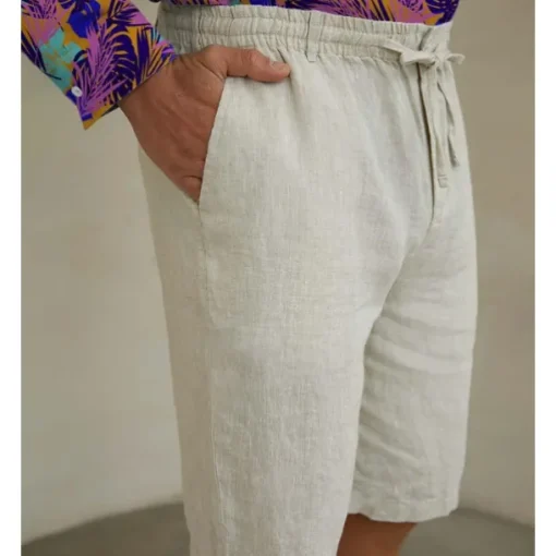 Men's 100% Linen Shorts Linen Shorts Beach Shorts Tie Front Elastic Waist Plain Breathability Comfortable Short Daily Beach Vacation Casual Beige