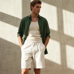 Men's 100% Linen Shorts Linen Shorts Beach Shorts Tie Front Elastic Waist Plain Breathability Comfortable Short Daily Beach Vacation Casual Beige