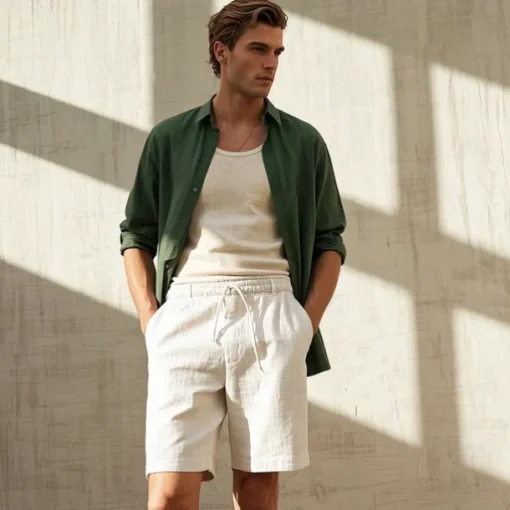 Men's 100% Linen Shorts Linen Shorts Beach Shorts Tie Front Elastic Waist Plain Breathability Comfortable Short Daily Beach Vacation Casual Beige