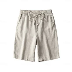 Men's 100% Linen Shorts Solid Color Above Knee Daily Vacation Ethnic Style Blue Khaki